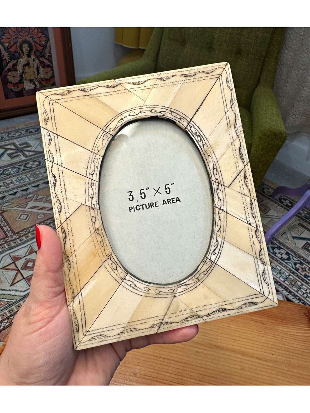 Bone Inlay Freestanding Photo Frame 3.5x5 Beige/Black Geometric Clear Glass